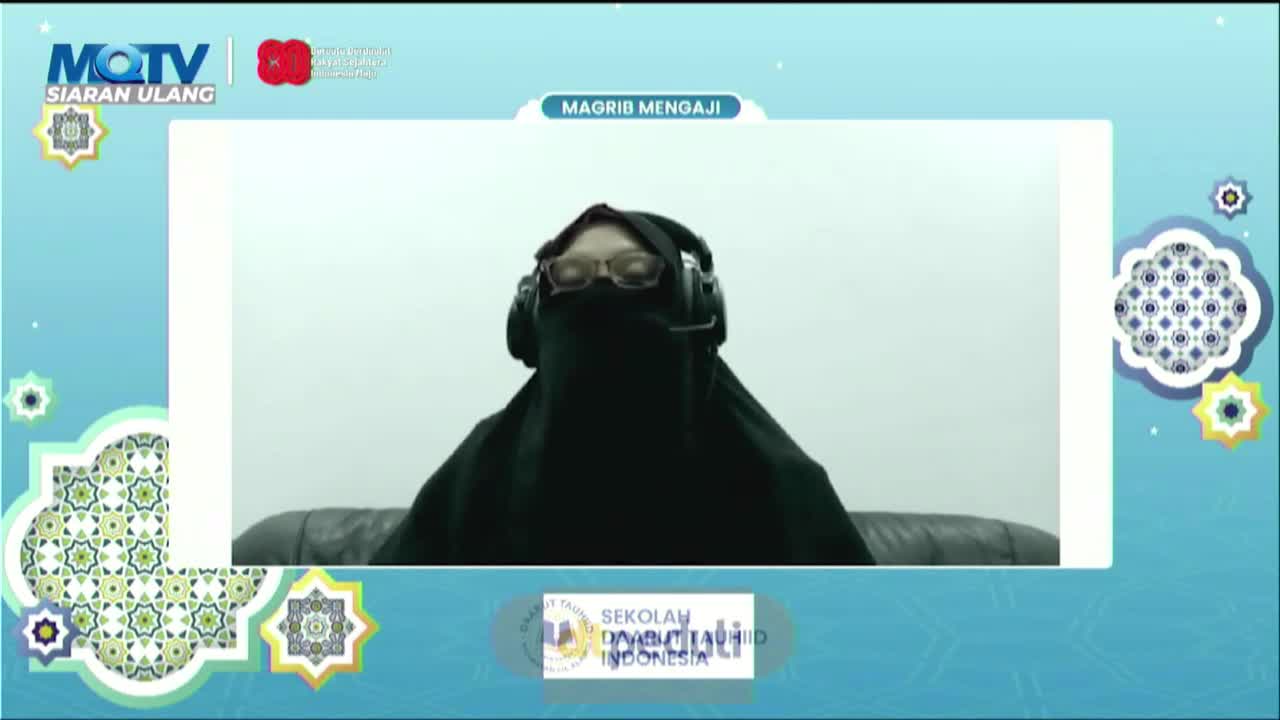 A woman in a black niqab and glasses is centered on the screen, wearing a headset. The MQTV logo and Indonesian text are visible in the corner, suggesting a broadcast.
