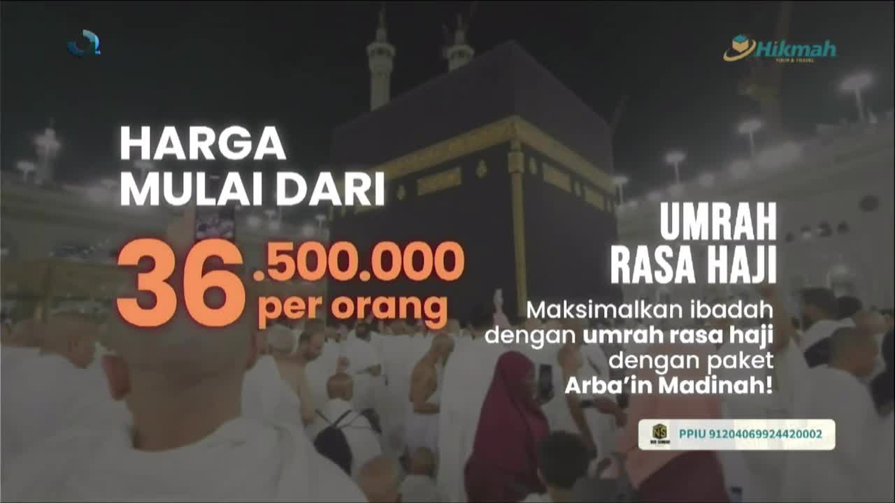 The MQTV screen displays an advertisement for an Umrah package, with the Kaaba in the background and text in Indonesian. The price, starting from 36,500,000 per person, is prominently featured.
