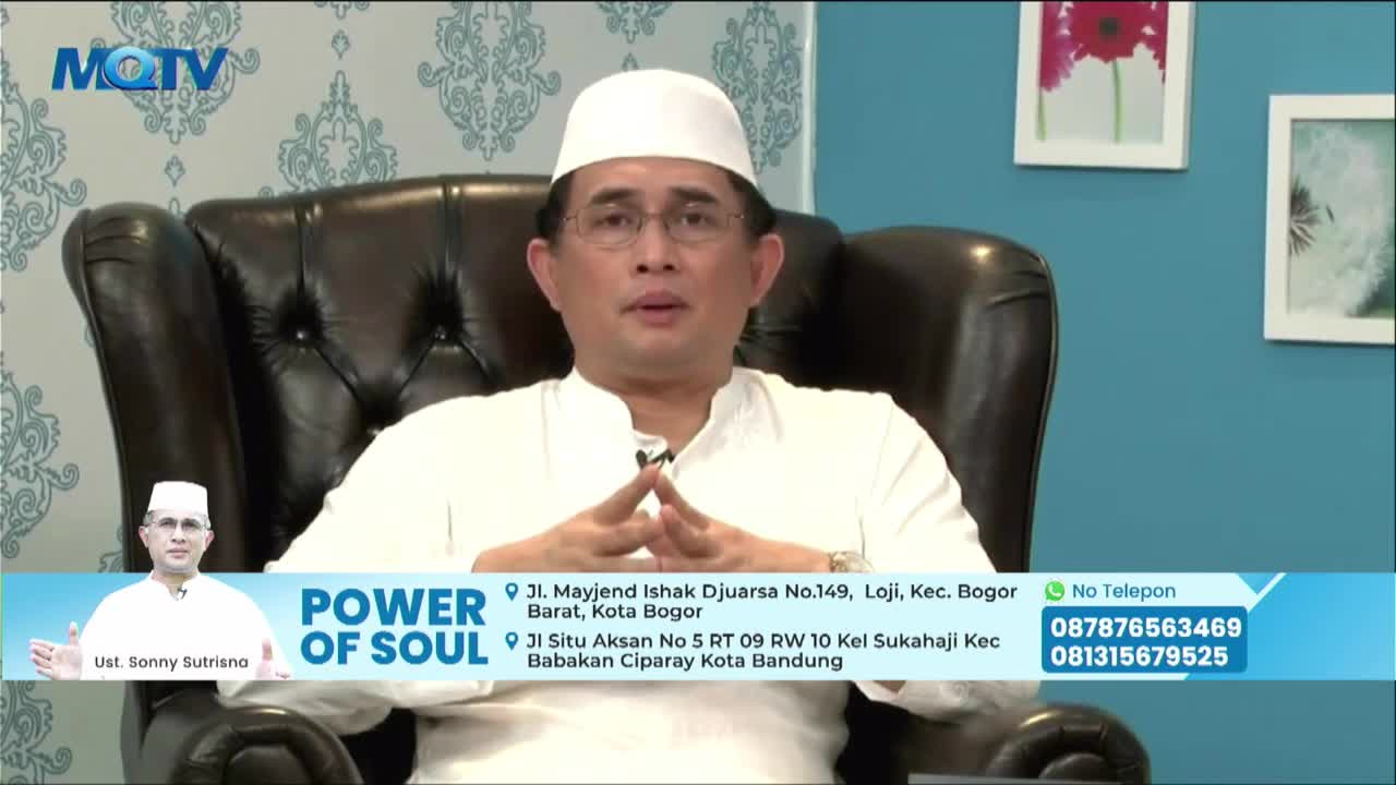 A man in a white cap and shirt sits in a leather armchair, speaking directly to the camera on MQTV. Below him, a banner advertises "Power of Soul" and contact information.
