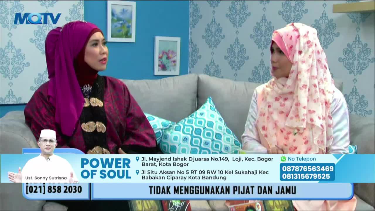 Two women wearing hijabs are seated on a couch, engaged in conversation on what appears to be a television program. The MQTV logo is visible, and a lower third graphic promotes "Power of Soul" with contact information.
