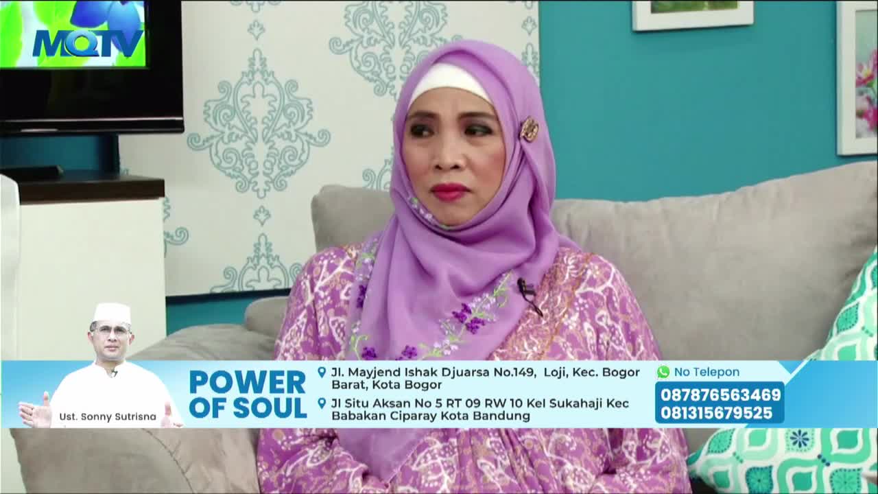A woman in a purple hijab sits on a couch, looking directly at the camera. Below, a lower third graphic for a program called "Power of Soul" on MQTV displays contact information.

