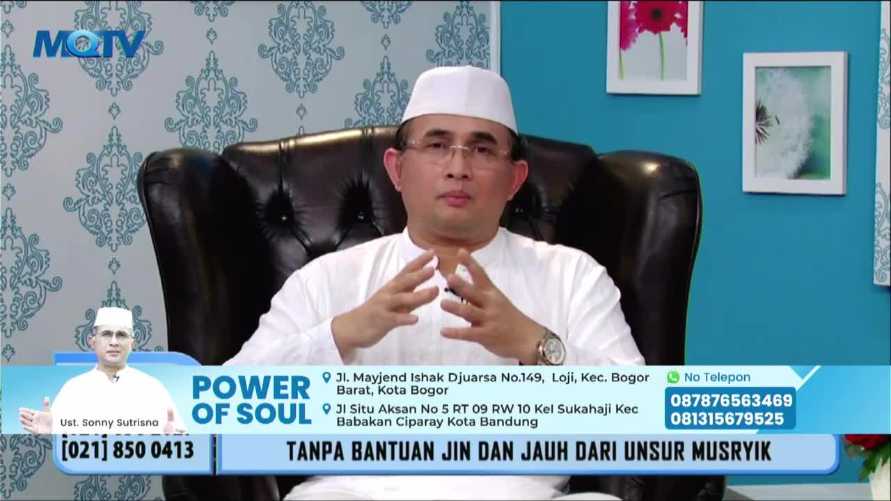 A man in a white cap and shirt sits in a black leather chair, gesturing with his hands. The MQTV logo is visible, and the screen displays information about "Power of Soul."
