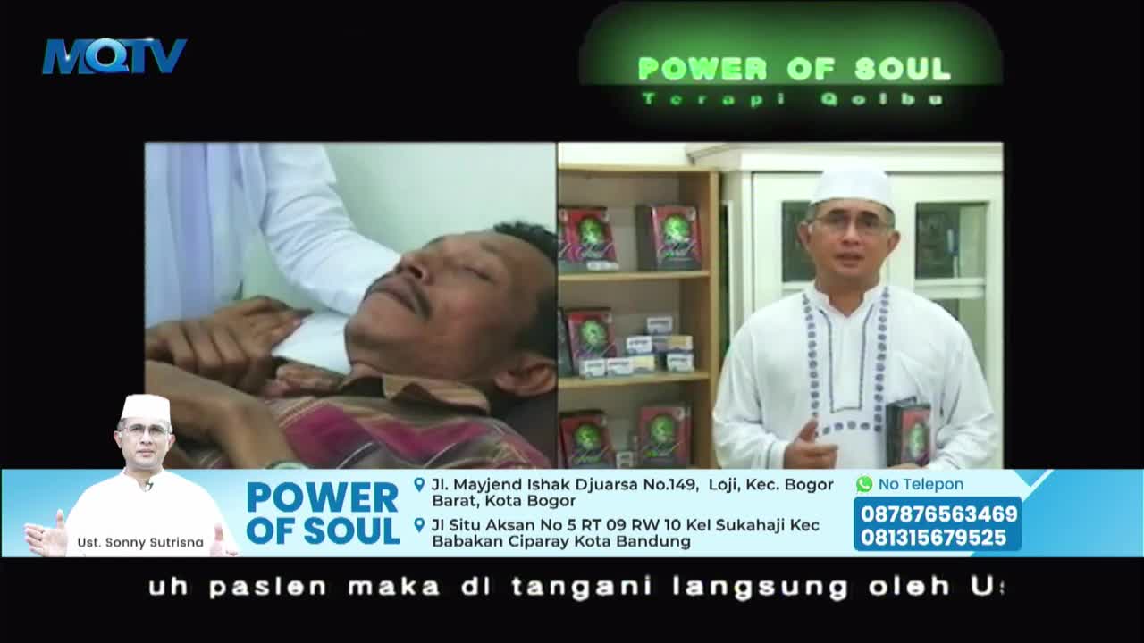 On MQTV, a man in a white cap gestures while holding a small book. Beside him, someone's hand rests on the arm of a man lying down.
