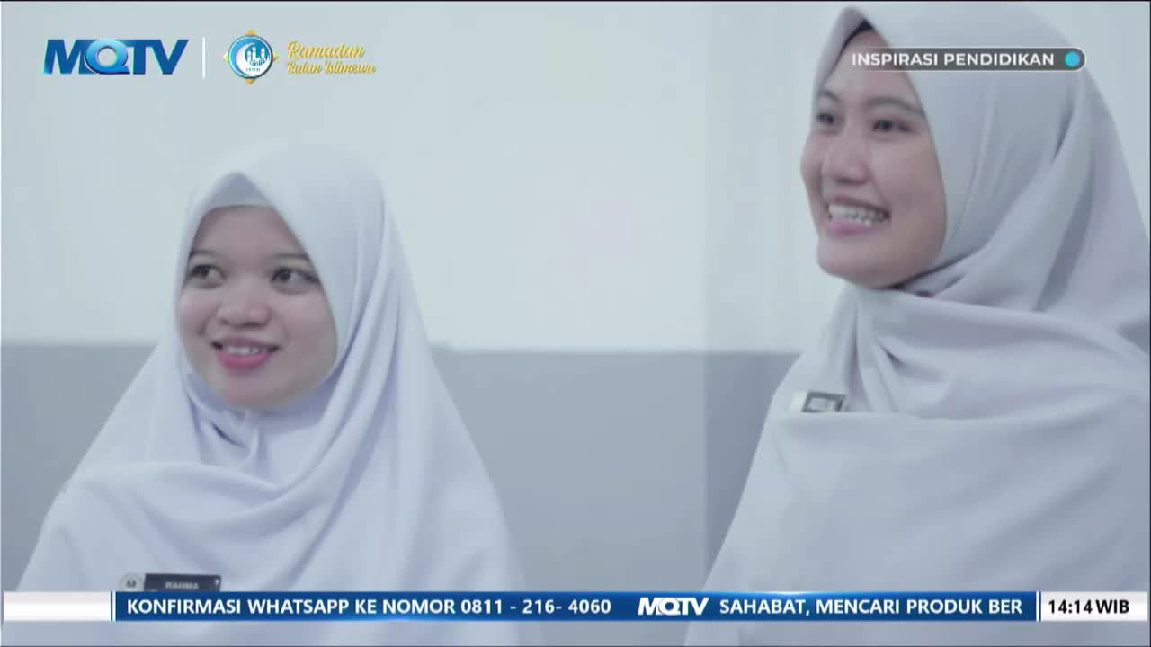 Two young women in white hijabs are smiling and looking off to the side. A graphic overlay from MQTV, an Indonesian broadcaster, indicates the segment is about education. Two young women in white hijabs are smiling and looking off to the side. A graphic overlay from MQTV, an Indonesian broadcaster, indicates the segment is about education.