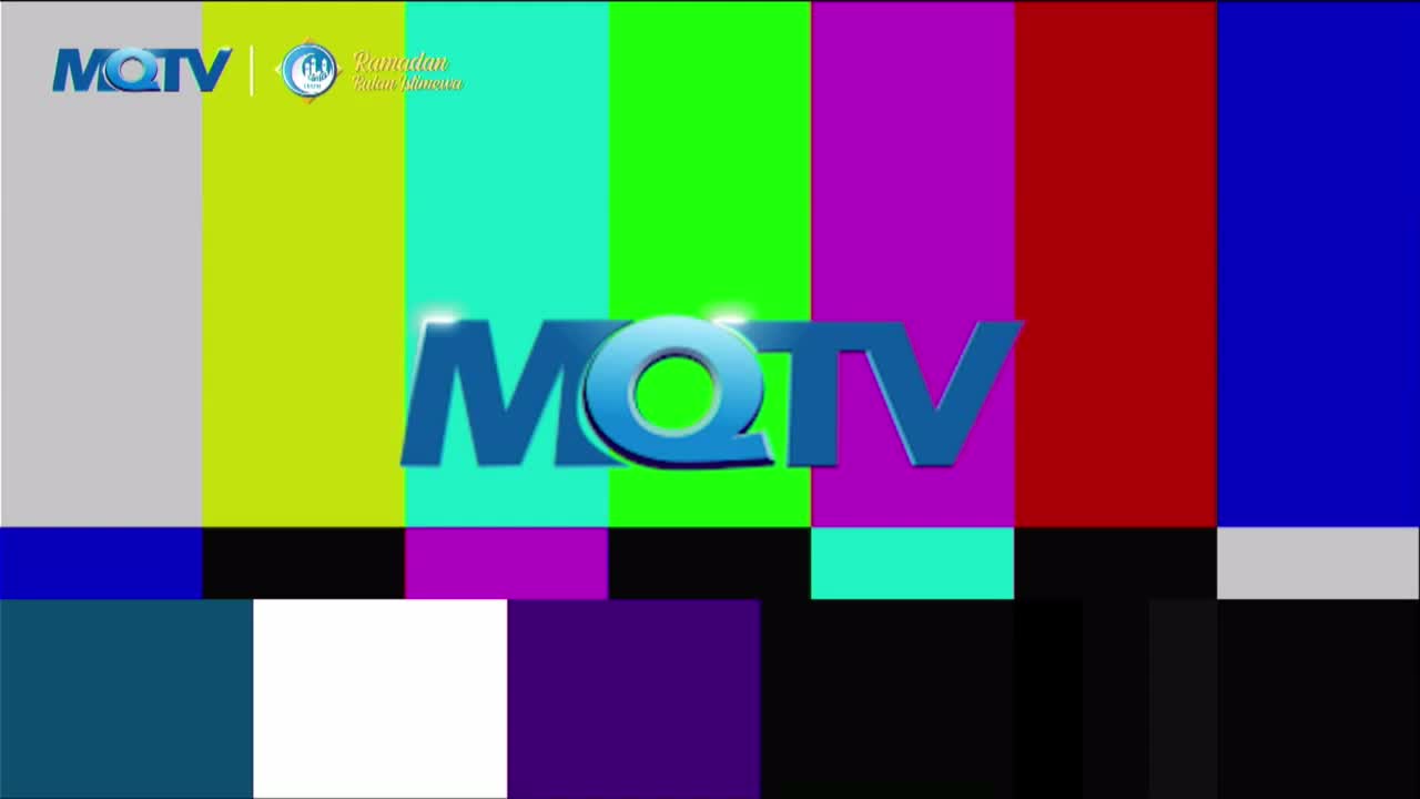 The screen displays vertical bars of color, with the MQTV logo superimposed in blue. A small circular logo with text in Indonesian appears to the left of the main logo.