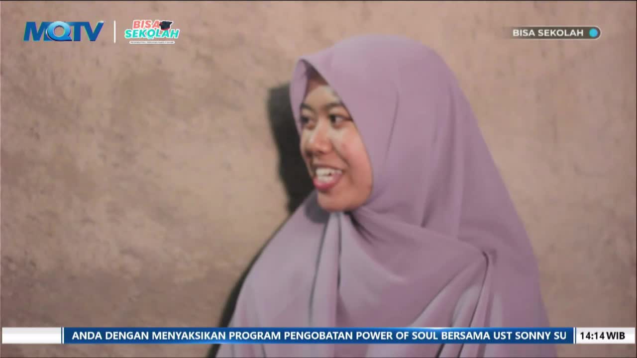 A young woman in a lilac hijab smiles and speaks. The MQTV logo and "BISA SEKOLAH" appear on screen.