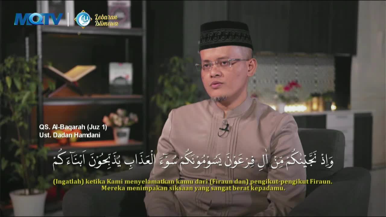 A man in a peci hat speaks directly to the camera, his words subtitled in Arabic and Indonesian. The MQTV logo and "Lebaran Istimewa" text appear in the upper left corner.