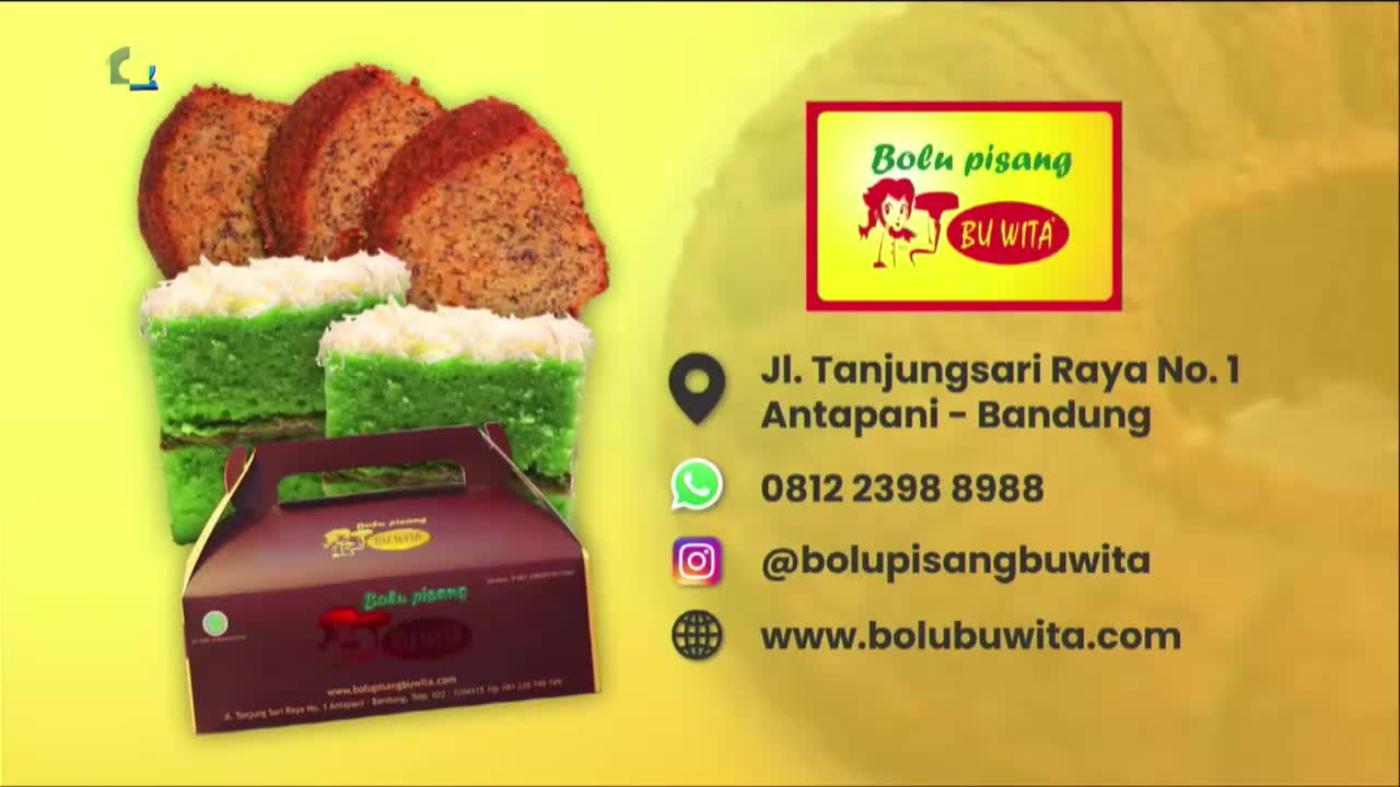 A maroon box sits in front of two green and white cakes, with slices of banana cake behind them. The logo for "Bolu Pisang Bu Wita" is prominent, alongside contact information for their Bandung location.