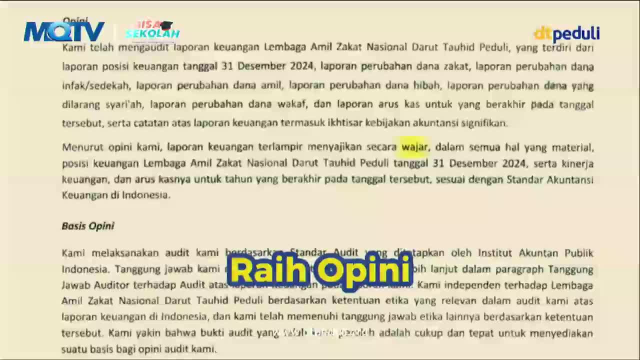 A large, yellow banner with bold blue text that reads "Raih Opini" cuts across the center of a document. The document appears to be a financial report, with Indonesian text detailing audit findings.