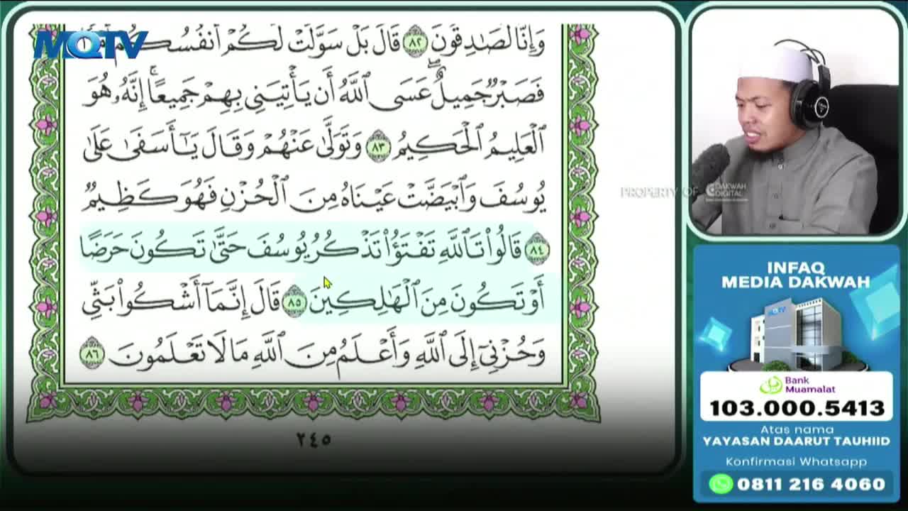 A man in a white cap speaks into a microphone, his face framed by headphones. Beside him, a screen displays ornate Arabic script, likely from the Quran, with the MQTV logo visible in the corner. Below the speaker, an advertisement for "INFAQ MEDIA DAKWAH" features a building and contact information.