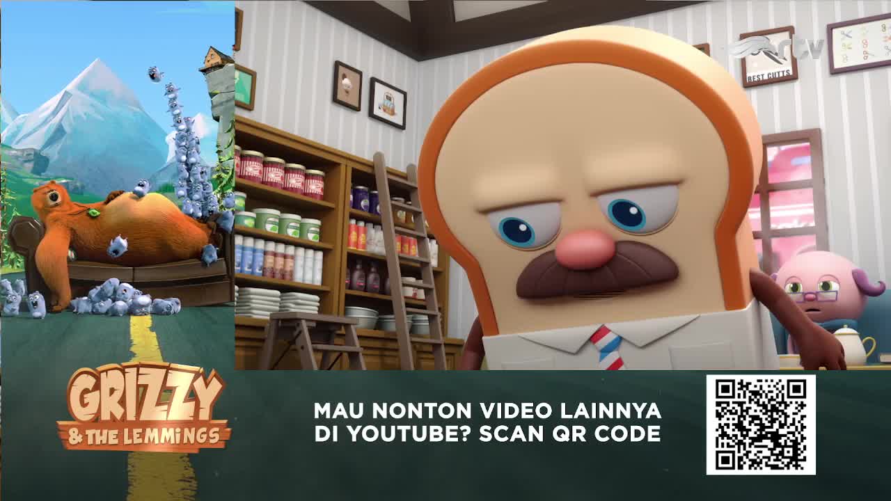 A slice of bread with a mustache and tie stares ahead, while a pink character with glasses looks on.  The scene is a commercial for "Grizzy & The Lemmings" on Rajawali TV in Indonesia, with a QR code inviting viewers to watch more on YouTube.
