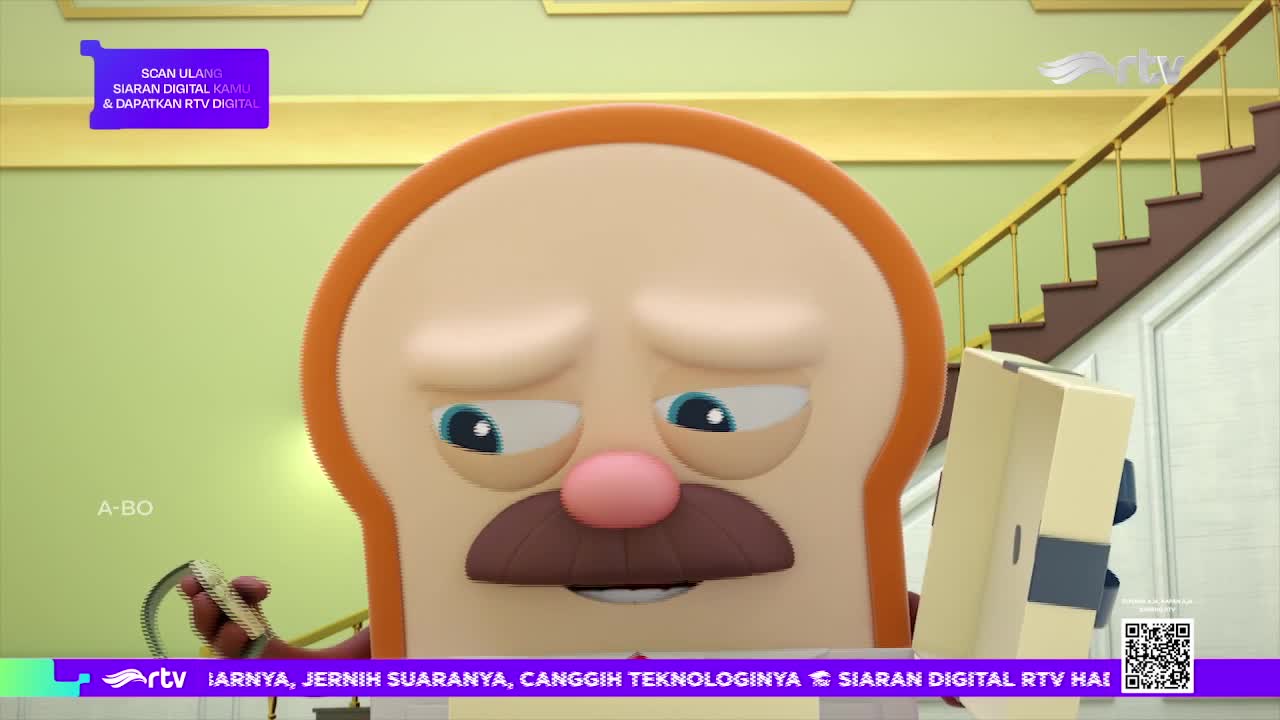 A slice of bread with a cartoon face holds a small object and looks down sadly. The scene is from an Indonesian TV show, with the Rajawali TV logo visible at the bottom.
