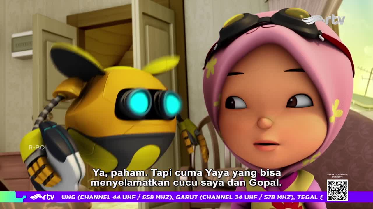 A yellow robot with glowing blue eyes is speaking to a girl wearing a pink hijab. The scene is a still from a cartoon airing on Rajawali TV in Indonesia.
