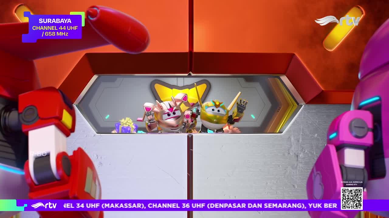 Two cartoon characters, one pink and one yellow, wave from a recessed panel, their arms raised in greeting. The scene is framed by large, red and pink robotic figures, likely from a children's show on Rajawali TV in Indonesia.
