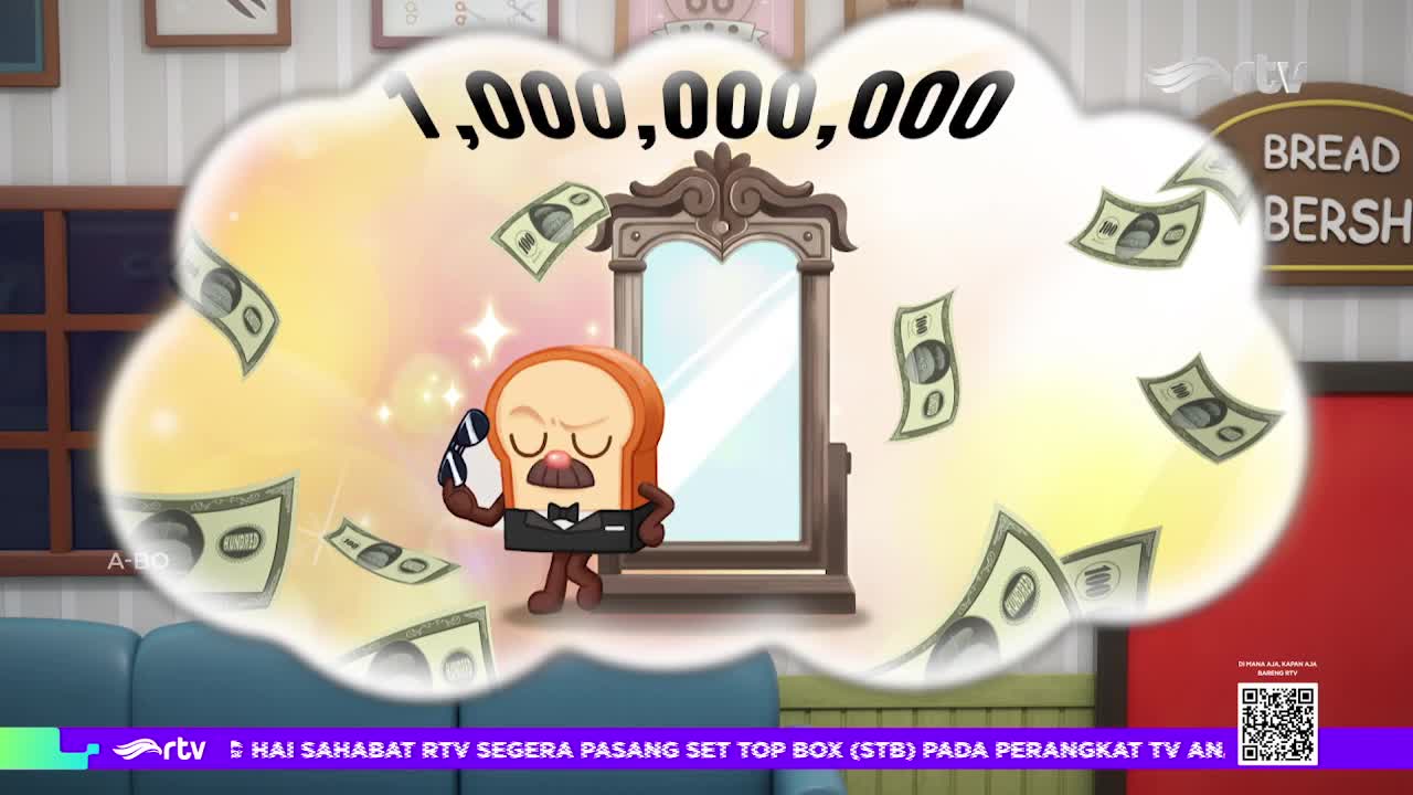 A cartoon slice of bread, dressed in a tuxedo, holds a phone and dreams of a billion rupiah.  Dollar bills float around it, while the Rajawali TV logo sits at the bottom.
