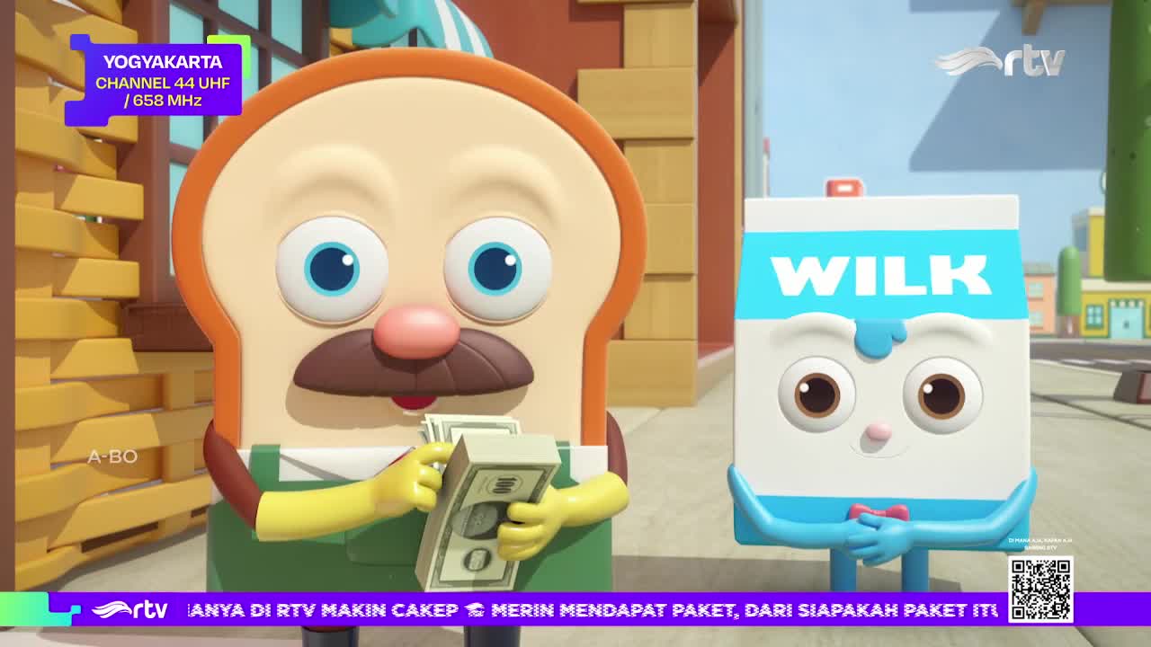 A cartoon bread character, wearing an apron and yellow gloves, counts money. Beside him, a carton of "WILK" with a bow tie looks on, all against a backdrop of a town.
