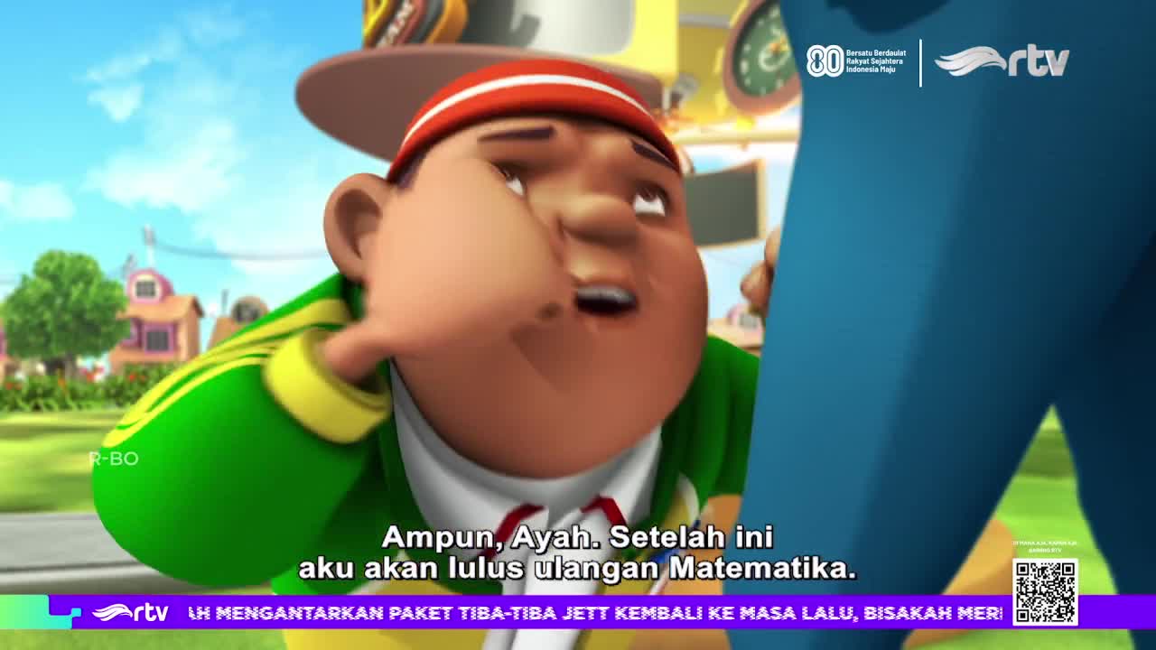 A cartoon boy in a red and white cap and green jacket is being pinched on the cheek by a large blue figure. The Indonesian channel Rajawali TV is broadcasting a scene from an animated show.
