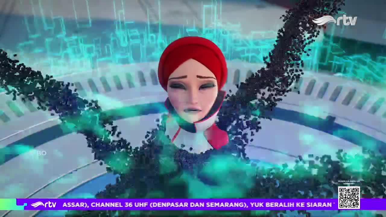 A woman with a red headscarf is surrounded by dark, swirling particles, with a worried expression. The Rajawali TV logo and a channel announcement are visible at the bottom.
