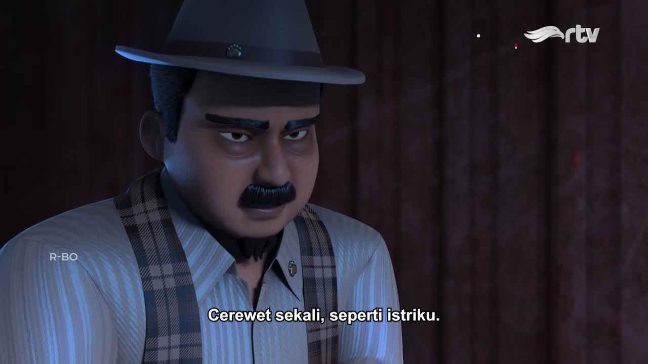 The animated man, wearing a hat and suspenders, stares directly ahead with a stern expression. Below him, Indonesian subtitles flash across the screen on Rajawali TV.

