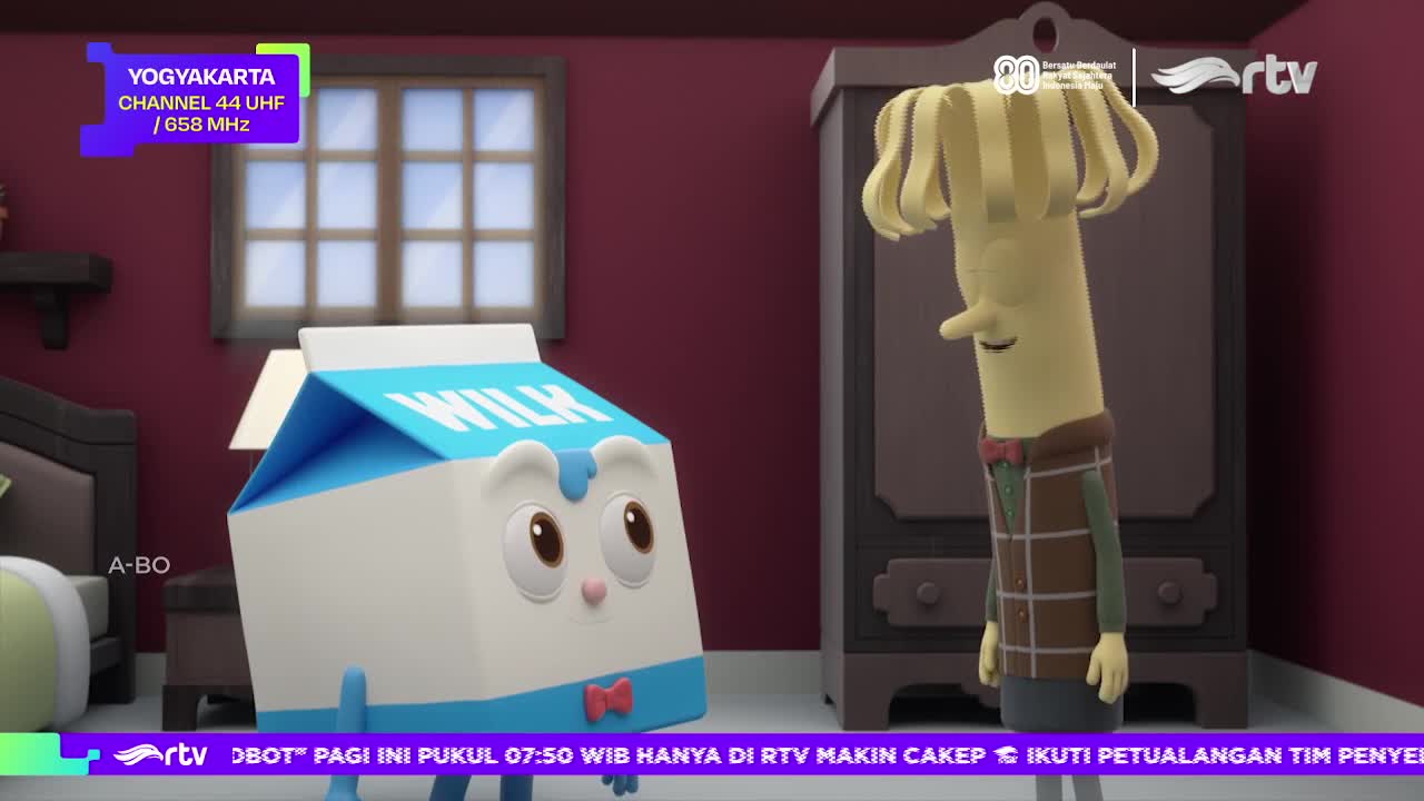 A milk carton character with a bow tie stares at a tall, thin figure with a mushroom-shaped head. The scene is set in a room, and the Rajawali TV logo is visible in the corner.
