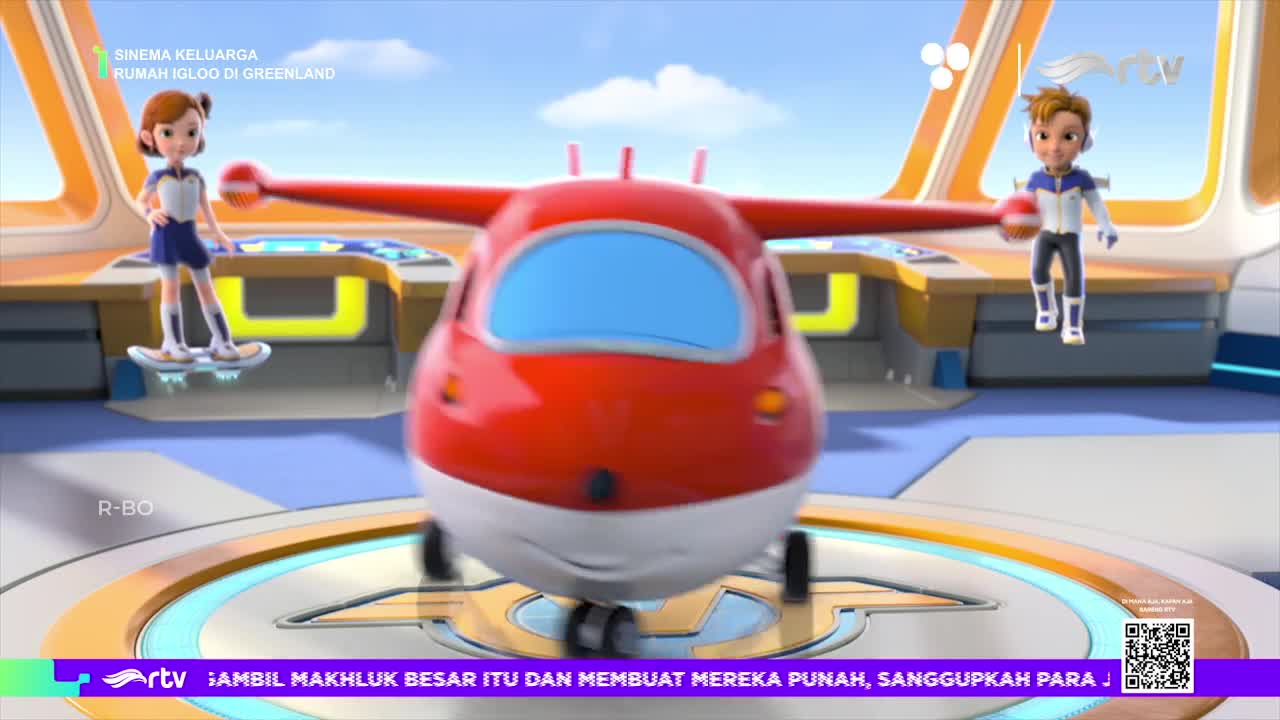A red airplane with a blue windshield sits on a circular platform. Two cartoon characters stand nearby, one on a skateboard and the other holding a ball.
