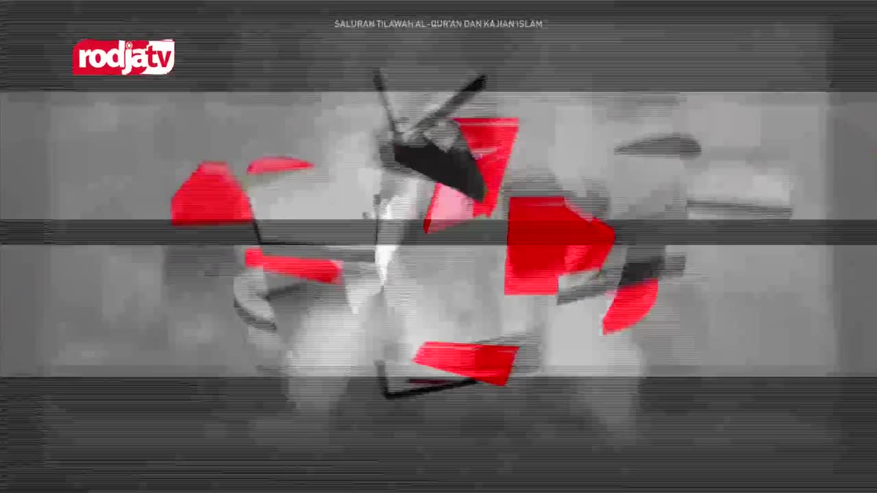 Red shapes and black streaks appear to be breaking apart across the screen, with the Rodja TV logo in the corner. The background is a static of grey and white, with horizontal lines running through the image.
