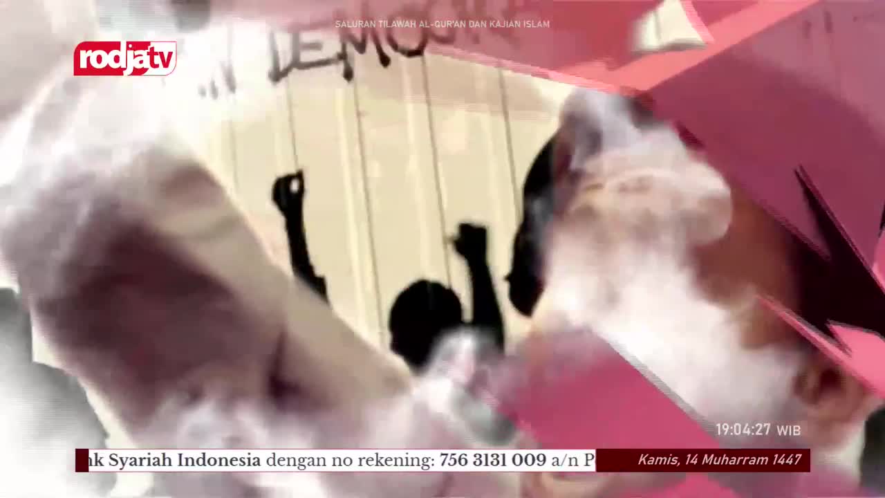 Silhouettes of people with raised fists appear behind a hazy overlay, and the Rodja TV logo is visible in the corner. The bottom of the screen displays banking information in Indonesian.

