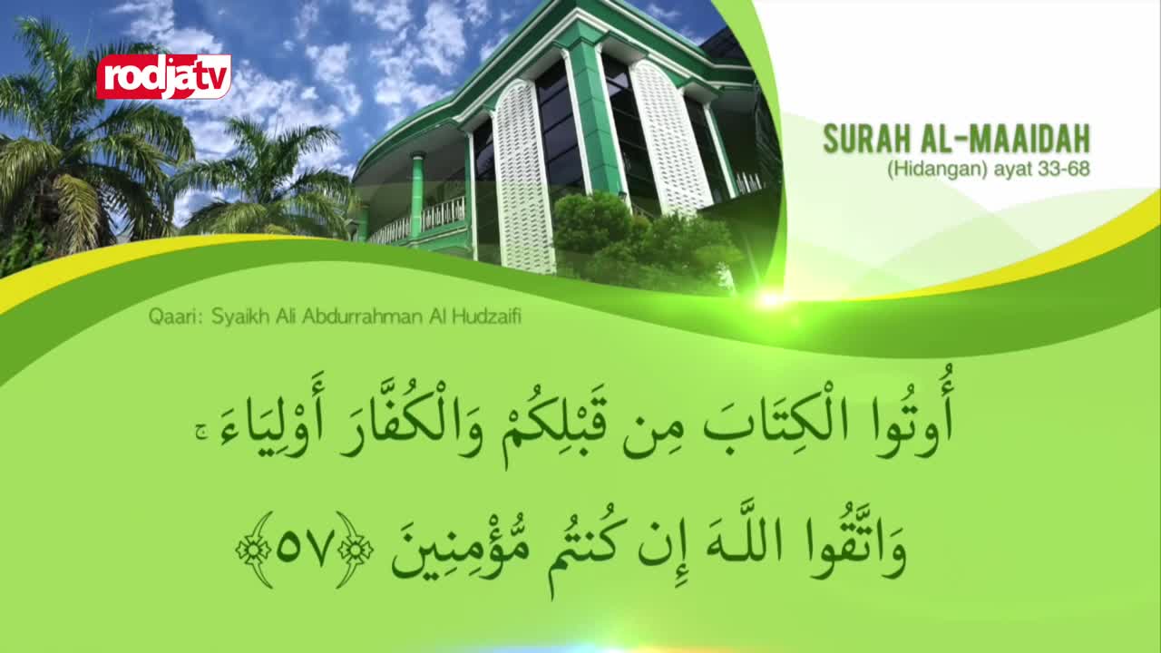 The Rodja TV logo sits in the upper left corner, while the screen displays Arabic script and a translation of the Quran. A green-and-white building, likely in Indonesia, forms the backdrop.
