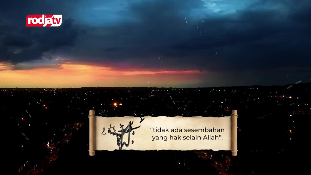 Above a dark cityscape, the sky is a mix of deep blue and orange, with a Rodja TV logo in the corner. Below, a scroll displays text in Indonesian.
