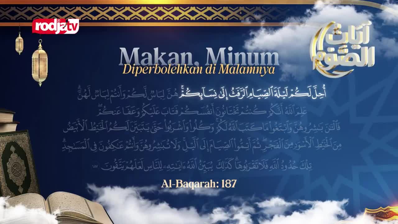 The Rodja TV logo sits atop a dark blue background, with Arabic script and Indonesian text about permissible eating and drinking at night. A stack of books and an open Quran rest to the left, while ornate lanterns hang from above. The Rodja TV logo sits atop a dark blue background, with Arabic script and Indonesian text about permissible eating and drinking at night. A stack of books and an open Quran rest to the left, while ornate lanterns hang from above.