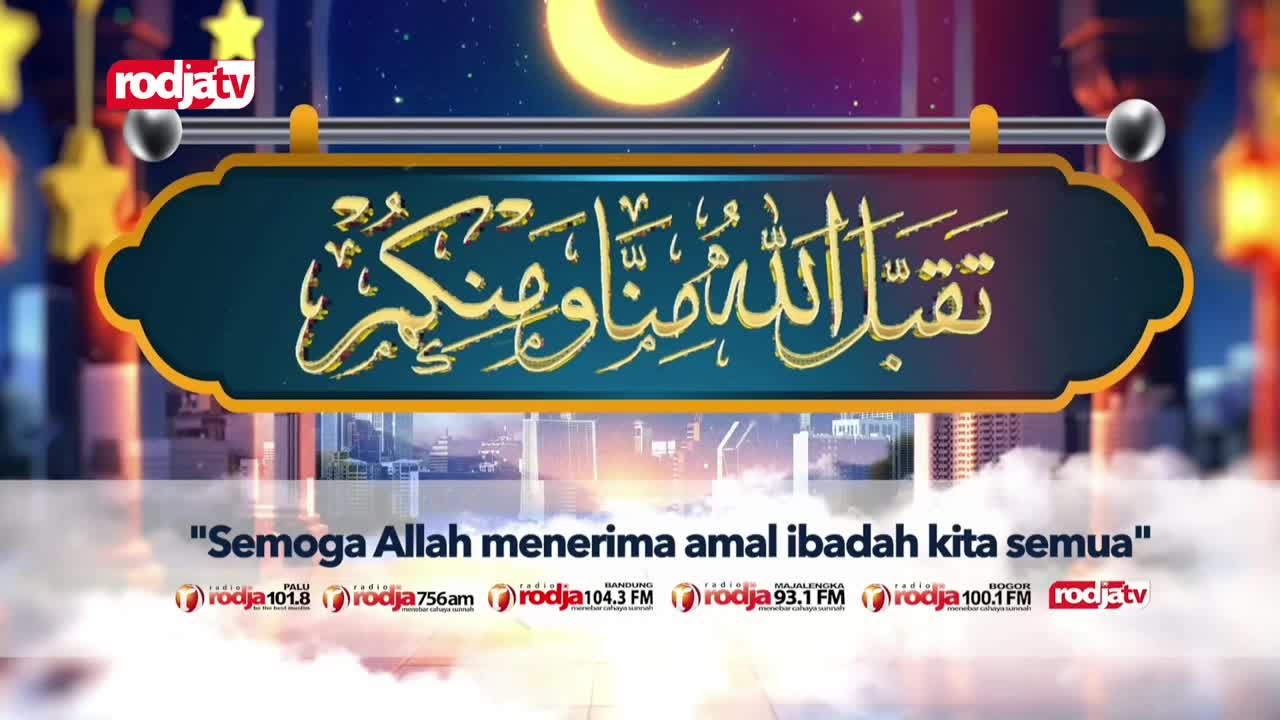 A glowing crescent moon hangs over a city skyline, its lights twinkling. The Rodja TV logo is prominent, with Arabic calligraphy displayed above a hopeful message in Indonesian. A glowing crescent moon hangs over a city skyline, its lights twinkling. The Rodja TV logo is prominent, with Arabic calligraphy displayed above a hopeful message in Indonesian.