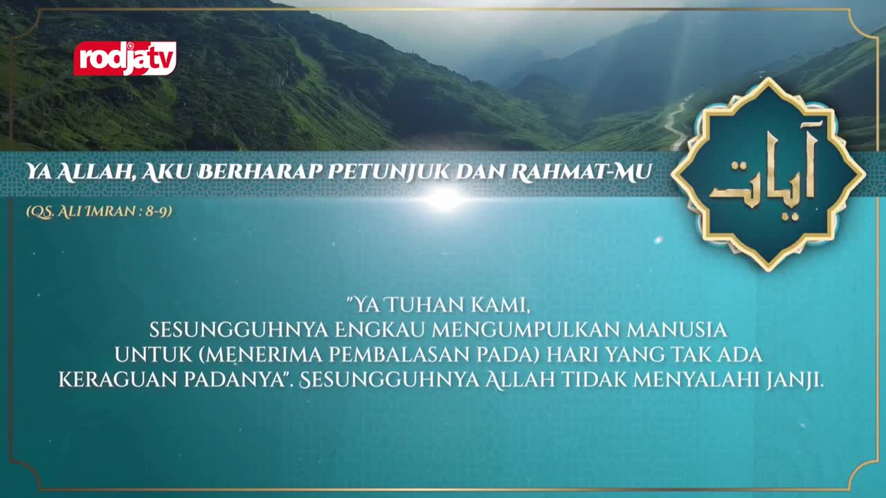 A bright sun shines over a misty mountain range. Text in Indonesian appears on screen, with a Rodja TV logo in the corner.