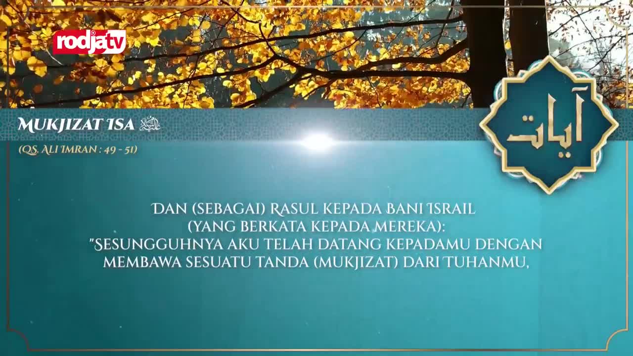 The Rodja TV logo sits above a bright light, with text in Indonesian below. Golden autumn leaves frame the top of the screen.