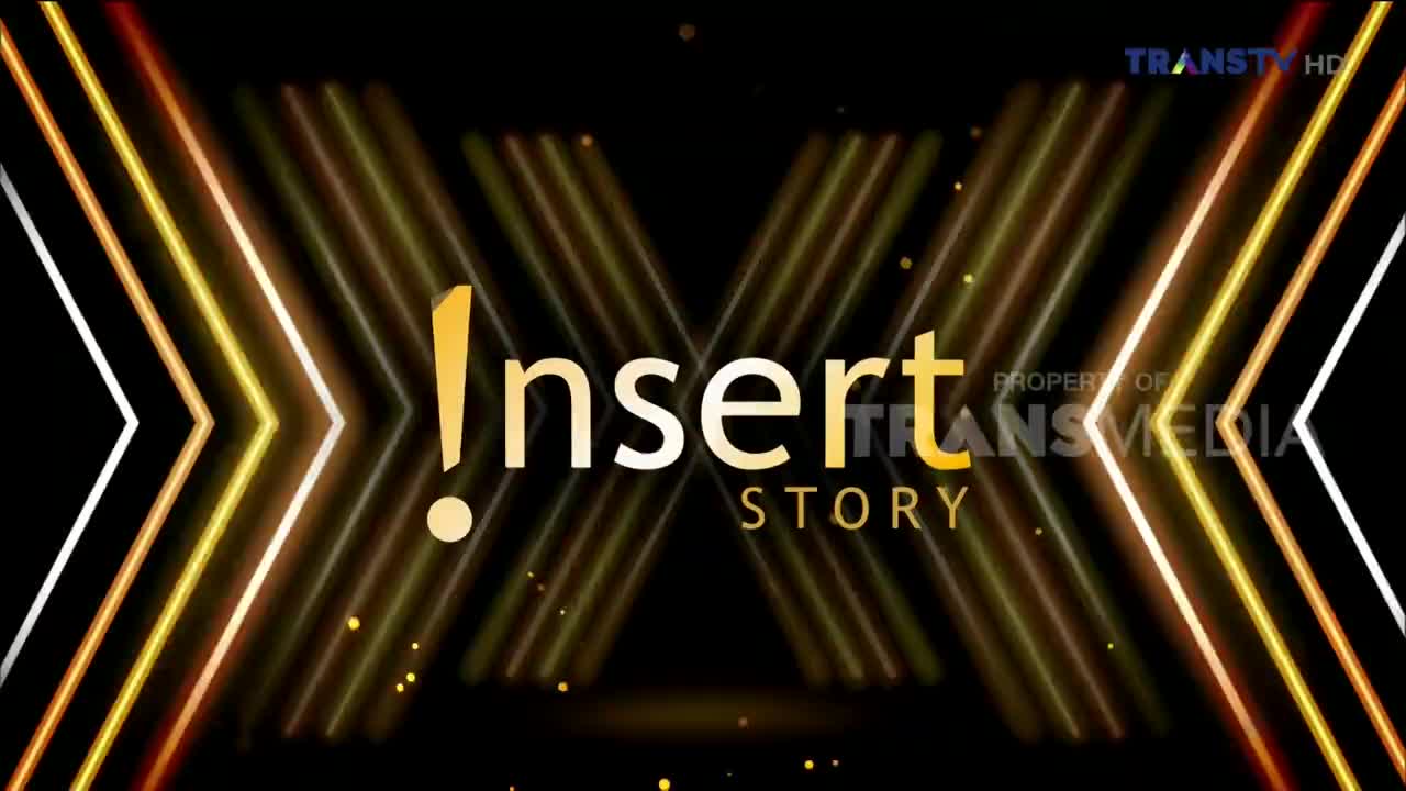 The "Insert Story" logo from Trans TV in Indonesia is centered, with a bright exclamation point and the word "Insert" in a bold font. Behind it, golden lines converge in a crisscross pattern, creating a dynamic backdrop.
