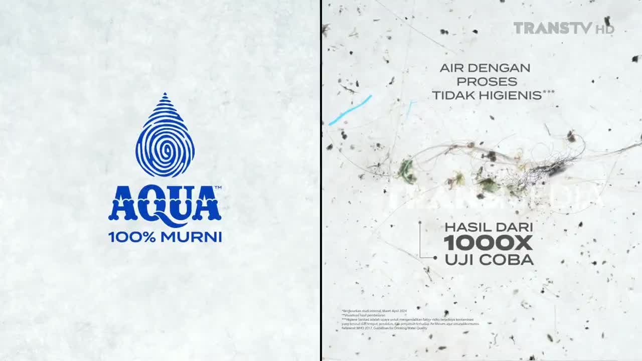 On the left, the Aqua logo, a blue water droplet with a fingerprint design, is displayed. The right side shows magnified water with visible particles, as if from a Trans TV report in Indonesia.
