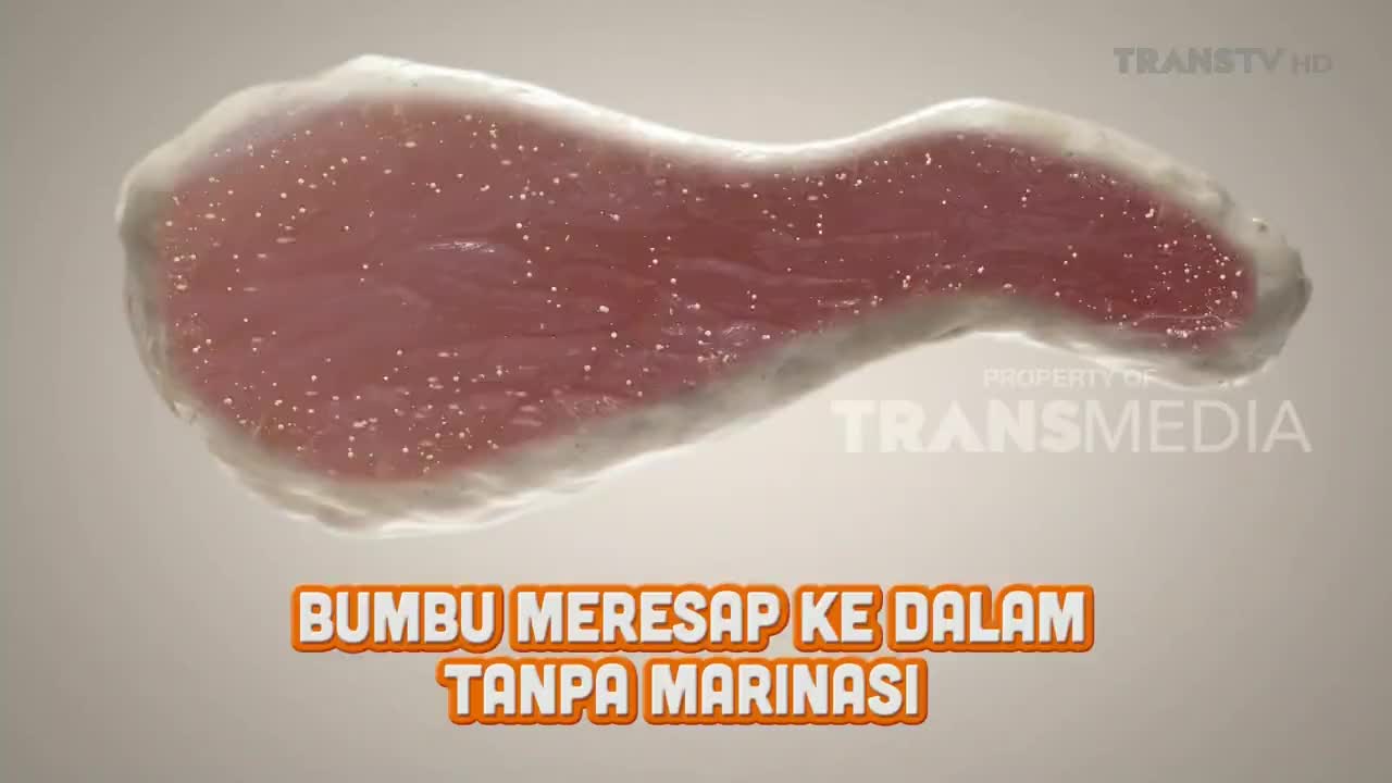 A pink, fleshy shape floats against a light background, with tiny white particles scattered across its surface. The Trans TV logo sits at the top, and a caption below reads "Bumbu Meresap ke Dalam Tanpa Marinasi."

