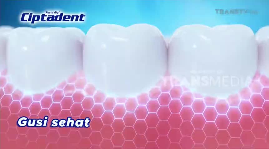 Bright white teeth gleam against a backdrop of glowing pink and blue. The "Ciptadent" toothpaste ad, airing on Trans TV, highlights a healthy gumline.
