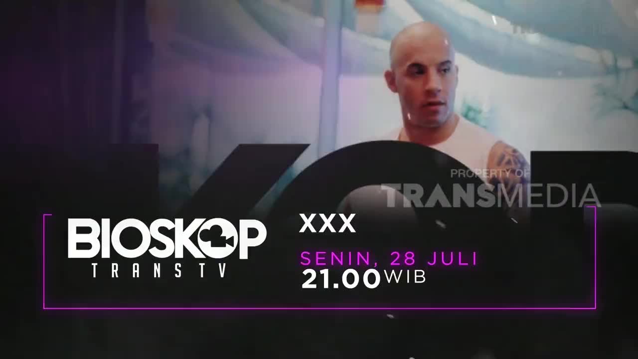 The Trans TV logo is prominent, with a bald man in the background. Below, the "Bioskop Trans TV" logo and movie details are displayed.
