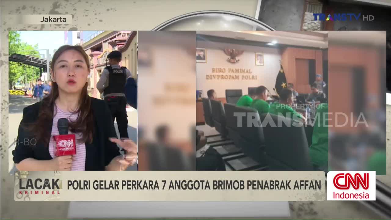 A reporter in Jakarta speaks into a microphone, with a police officer in the background. Inside a conference room, several people wearing green shirts sit around a table.
