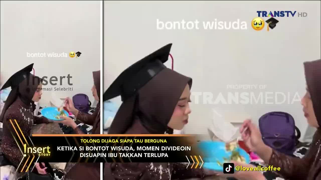 A woman in a graduation cap sits, receiving a bite of food from another woman, both in headscarves. The scene, broadcast on Trans TV in Indonesia, shows a tender moment between a mother and her daughter.

