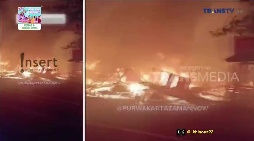 Flames engulf a structure, the orange glow dominating the scene. The Trans TV logo is visible, indicating this is likely a news report from Indonesia.
