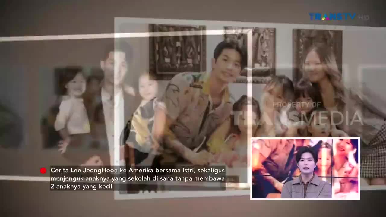 A man in a patterned shirt smiles while holding a child, as a Trans TV logo appears in the corner. The text below mentions Lee Jeong Hoon visiting America with his wife to see their children at school.