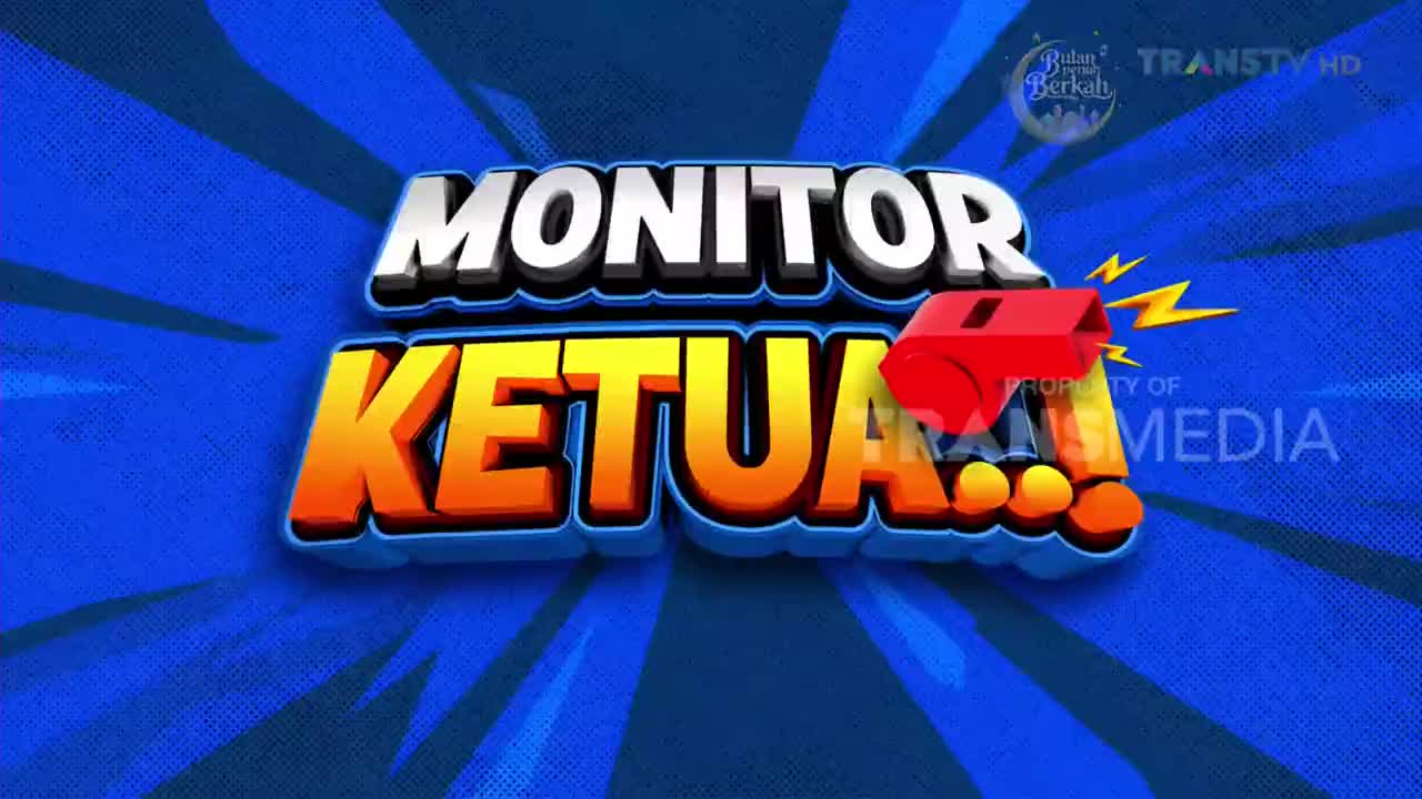 The words "MONITOR KETUA" flash across the screen in bold, 3D lettering. A bright red whistle, emitting yellow lightning bolts, sits above the word "KETUA."