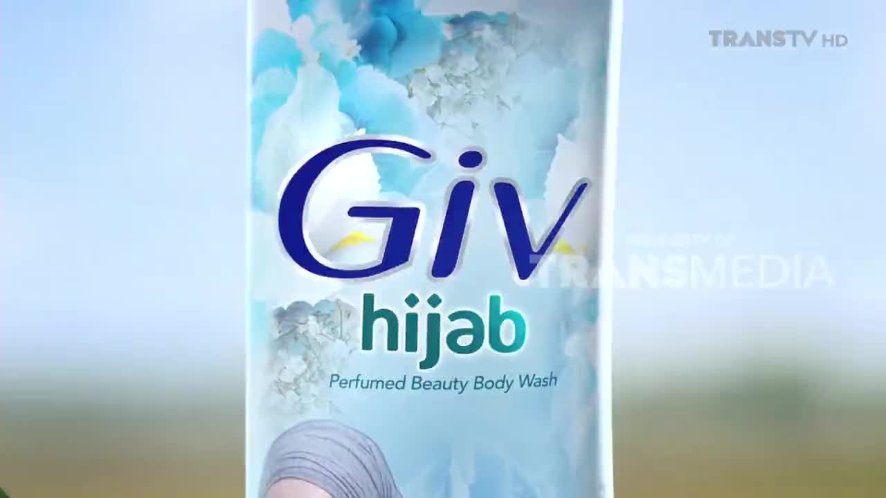 A bottle of Giv Hijab body wash floats against a soft blue and white background. The Trans TV logo appears in the upper right corner.