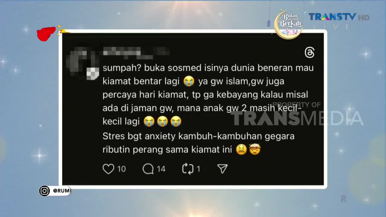 A social media post appears on screen, displaying Indonesian text about the end times and anxiety. The Trans TV logo is visible in the corner.