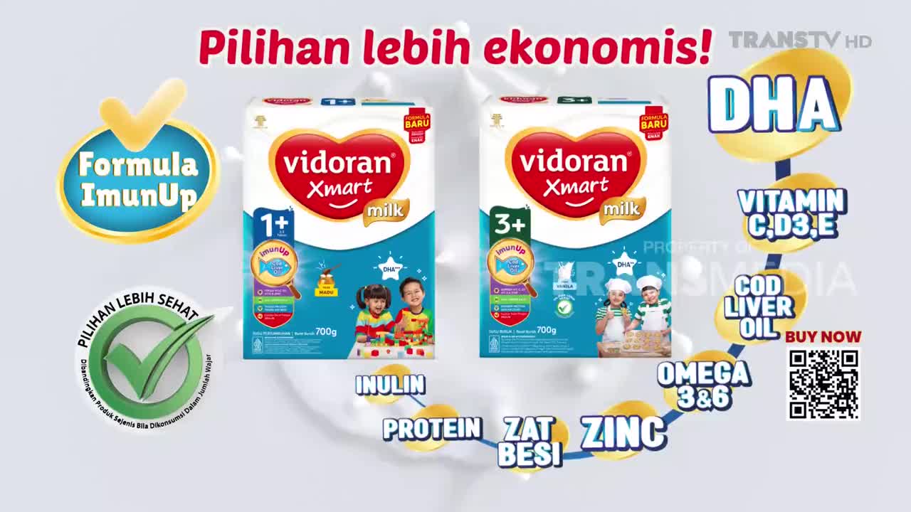 Two boxes of Vidora Xmart milk stand side-by-side, advertising their benefits. A graphic cascades down the right side, listing DHA, Vitamin C, D, E, and Cod Liver Oil.