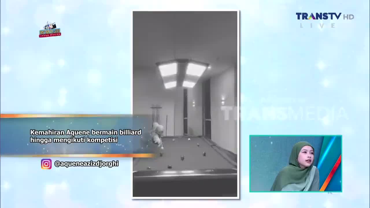 A person in a white outfit bends over a billiard table, cue in hand. The Trans TV logo is visible on the right side of the screen.