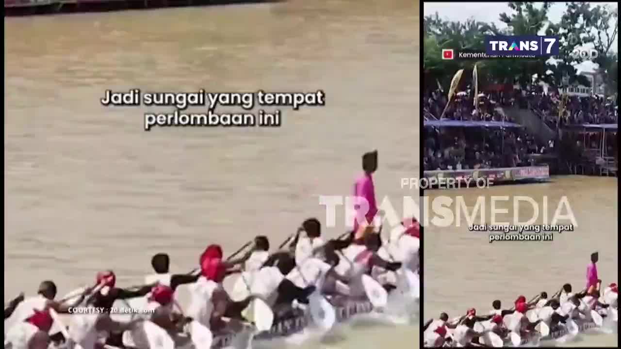 A long boat, filled with rowers in white shirts and red headgear, cuts through the muddy water. Trans7 is broadcasting the Indonesian river race, with a crowd watching from the banks.
