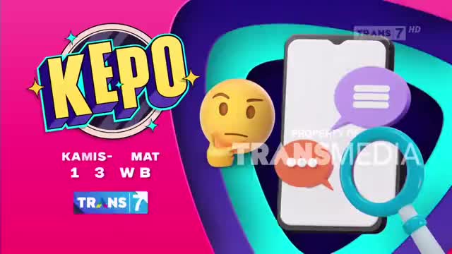 The "KEPO" logo, with its bright colors, dominates the screen, while a thinking emoji floats nearby. A smartphone with speech bubbles and a magnifying glass completes the design for the Indonesian Trans7 program.
