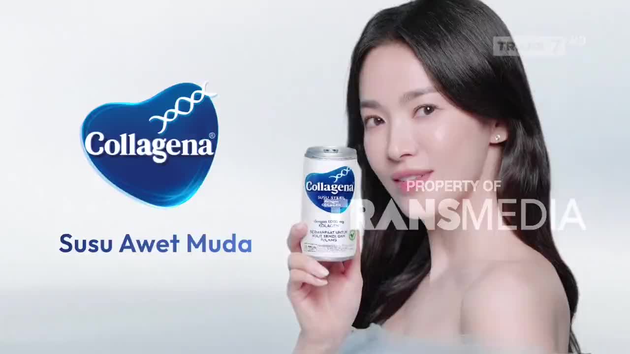 A woman smiles, holding a small can of "Collagena" in her hand. The logo and product name are also displayed on the screen, likely a commercial on Indonesian television, Trans7.
